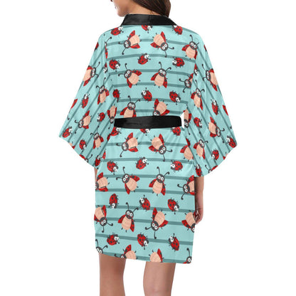 Ladybug Happy Print Pattern Women Short Kimono Robe