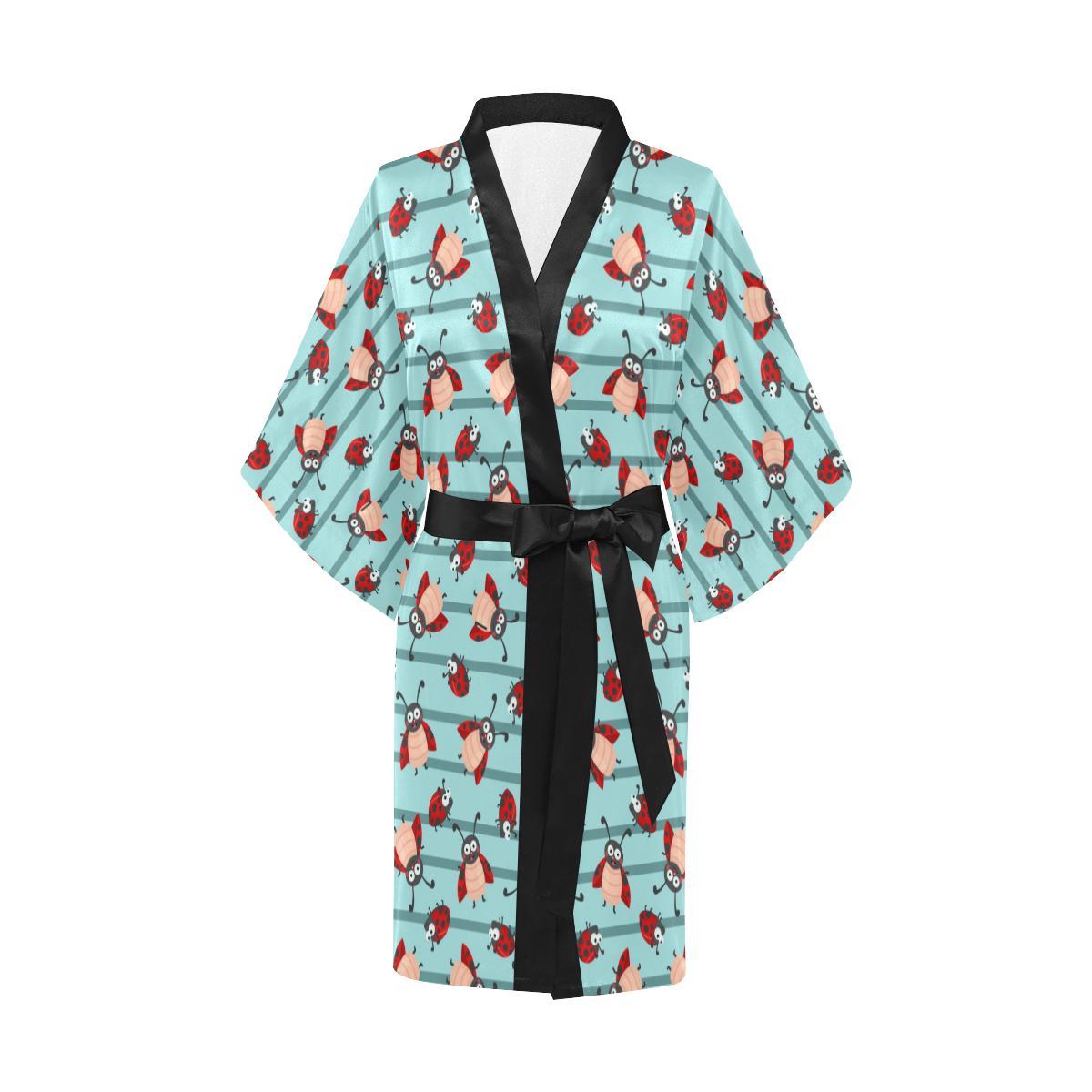 Ladybug Happy Print Pattern Women Short Kimono Robe
