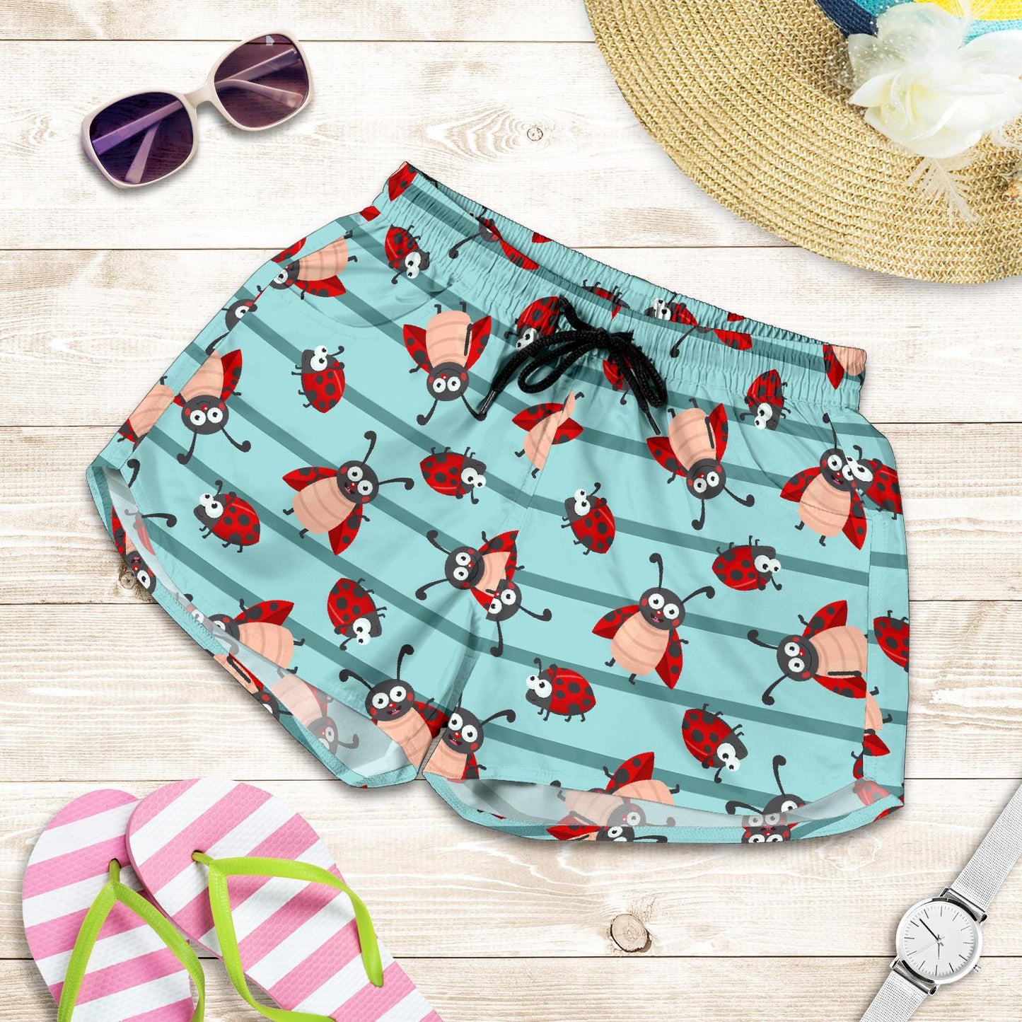 Ladybug Happy Print Pattern Women Shorts-JTAMIGO.COM