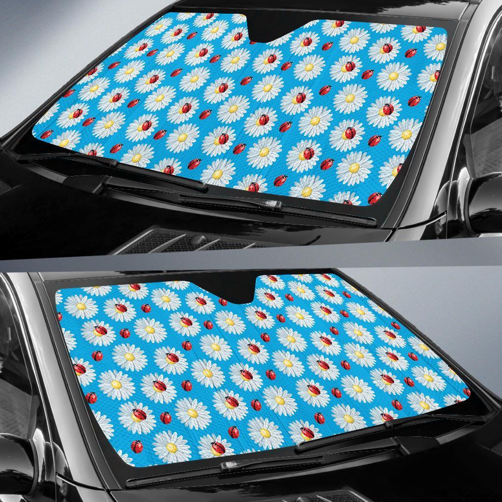 Ladybug with Daisy Themed Print Pattern Car Sun Shade For Windshield