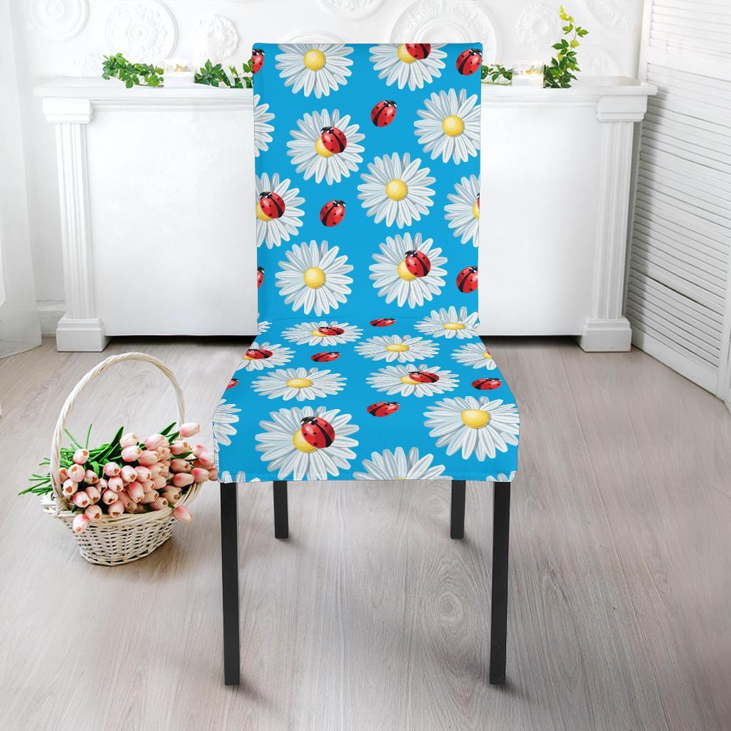 Ladybug with Daisy Themed Print Pattern Dining Chair Slipcover-JTAMIGO.COM