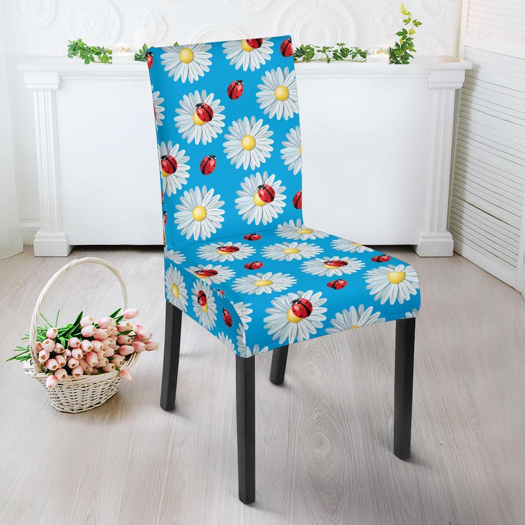 Ladybug with Daisy Themed Print Pattern Dining Chair Slipcover-JTAMIGO.COM