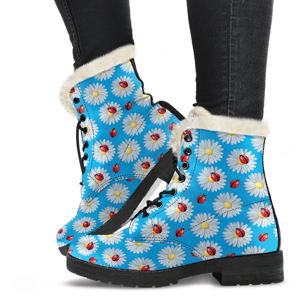 Ladybug with Daisy Themed Print Pattern Faux Fur Leather Boots-JTAMIGO.COM