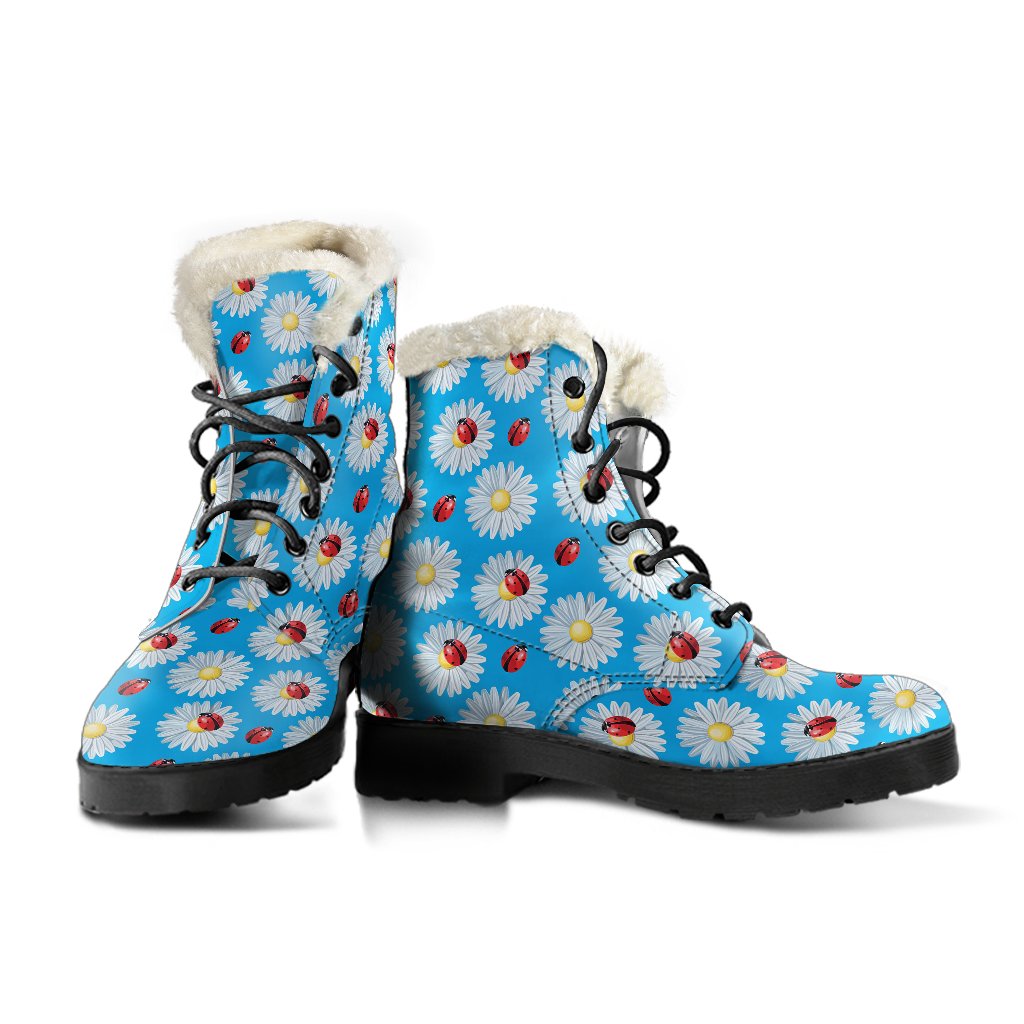 Ladybug with Daisy Themed Print Pattern Faux Fur Leather Boots-JTAMIGO.COM