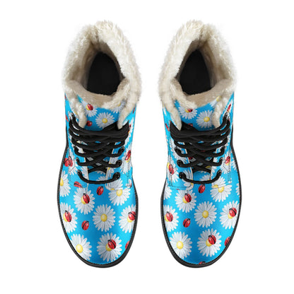 Ladybug with Daisy Themed Print Pattern Faux Fur Leather Boots-JTAMIGO.COM