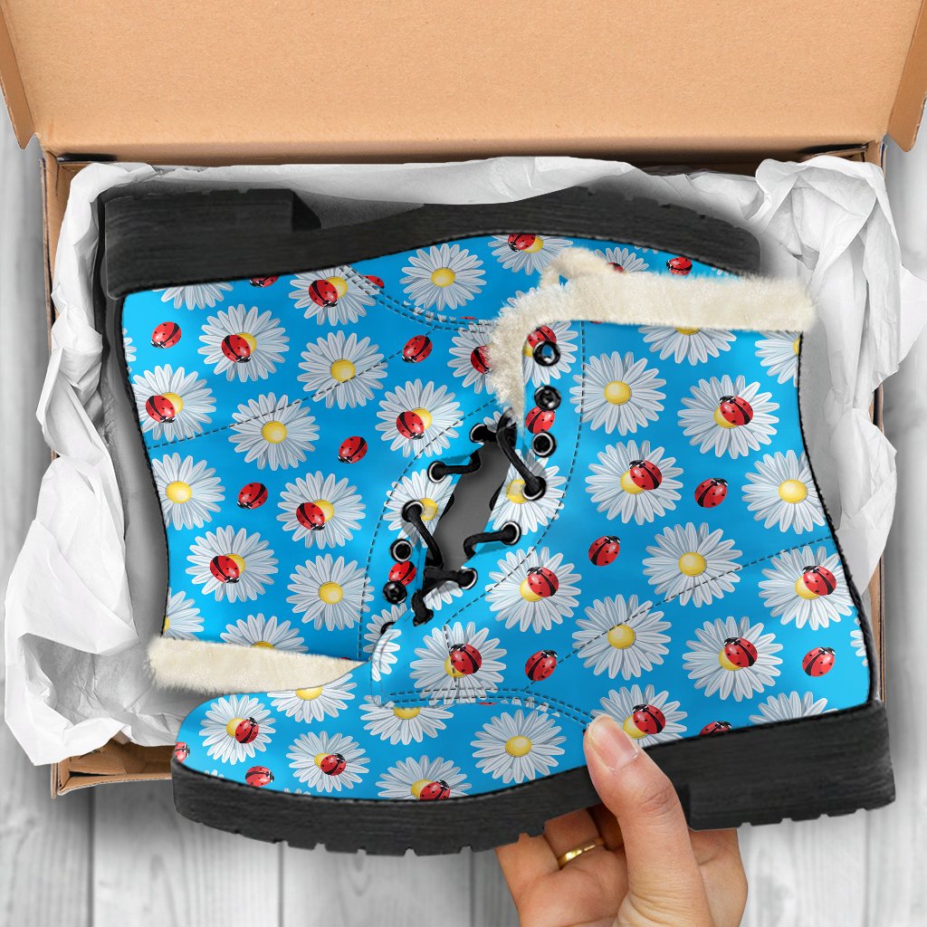 Ladybug with Daisy Themed Print Pattern Faux Fur Leather Boots-JTAMIGO.COM