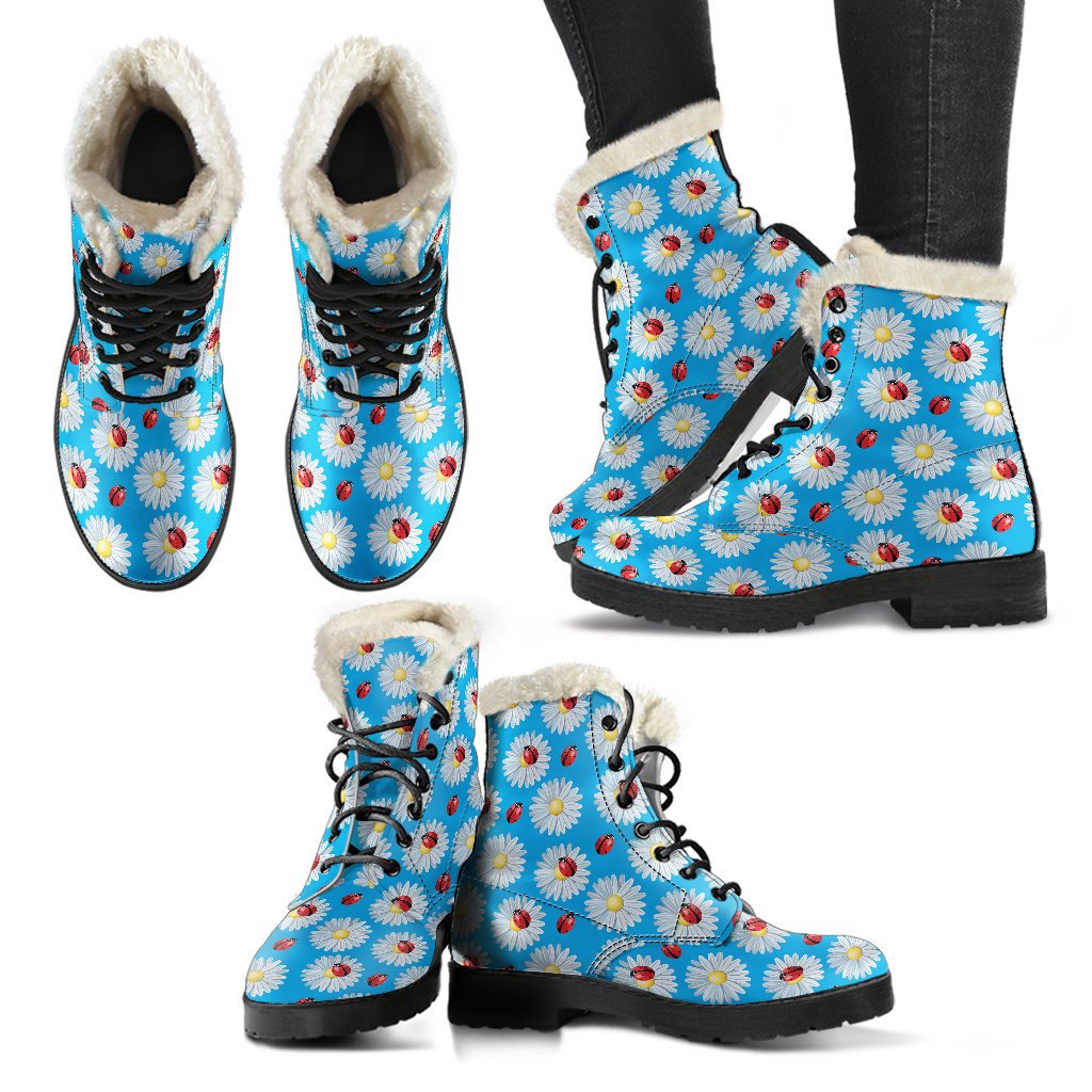 Ladybug with Daisy Themed Print Pattern Faux Fur Leather Boots-JTAMIGO.COM