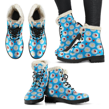 Ladybug with Daisy Themed Print Pattern Faux Fur Leather Boots-JTAMIGO.COM