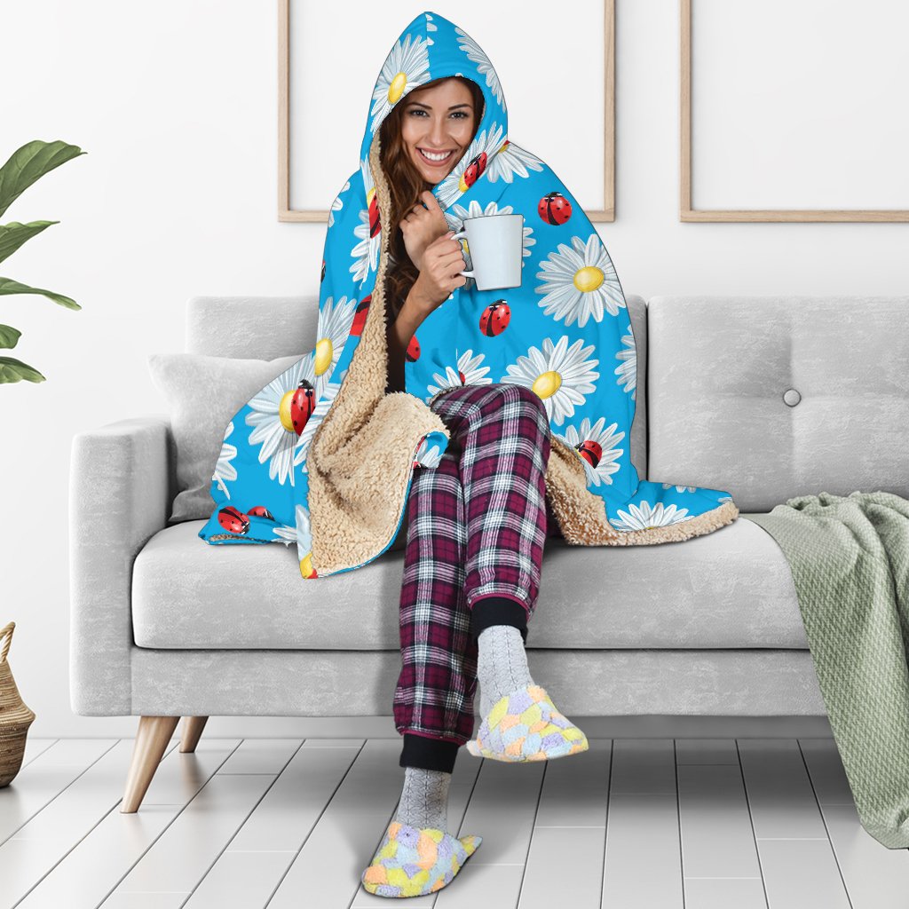 Ladybug with Daisy Themed Print Pattern Hooded Blanket-JTAMIGO.COM