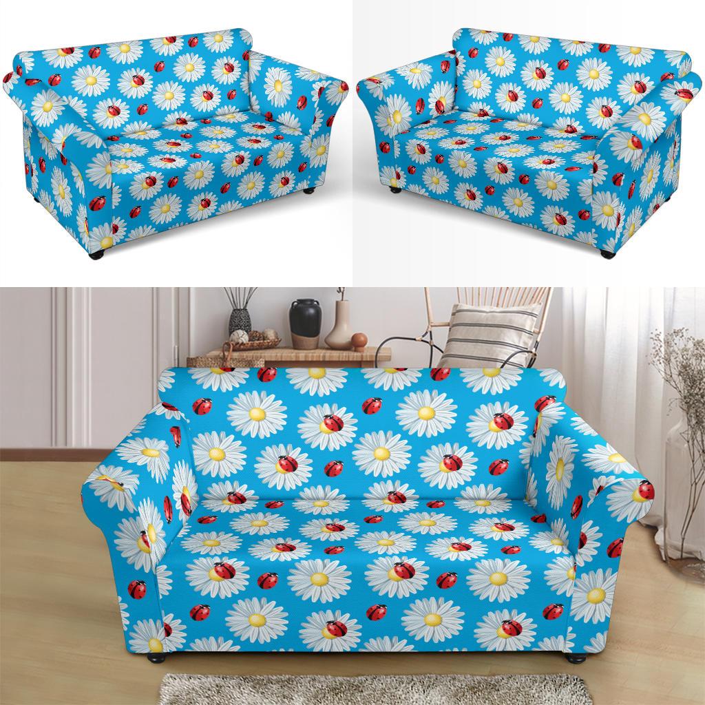 Ladybug with Daisy Themed Print Pattern Loveseat Slipcover-JTAMIGO.COM