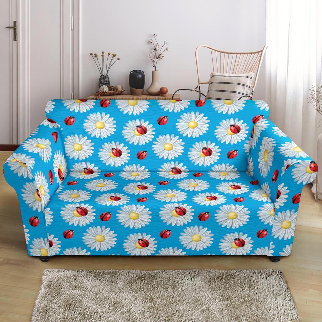 Ladybug with Daisy Themed Print Pattern Loveseat Slipcover-JTAMIGO.COM