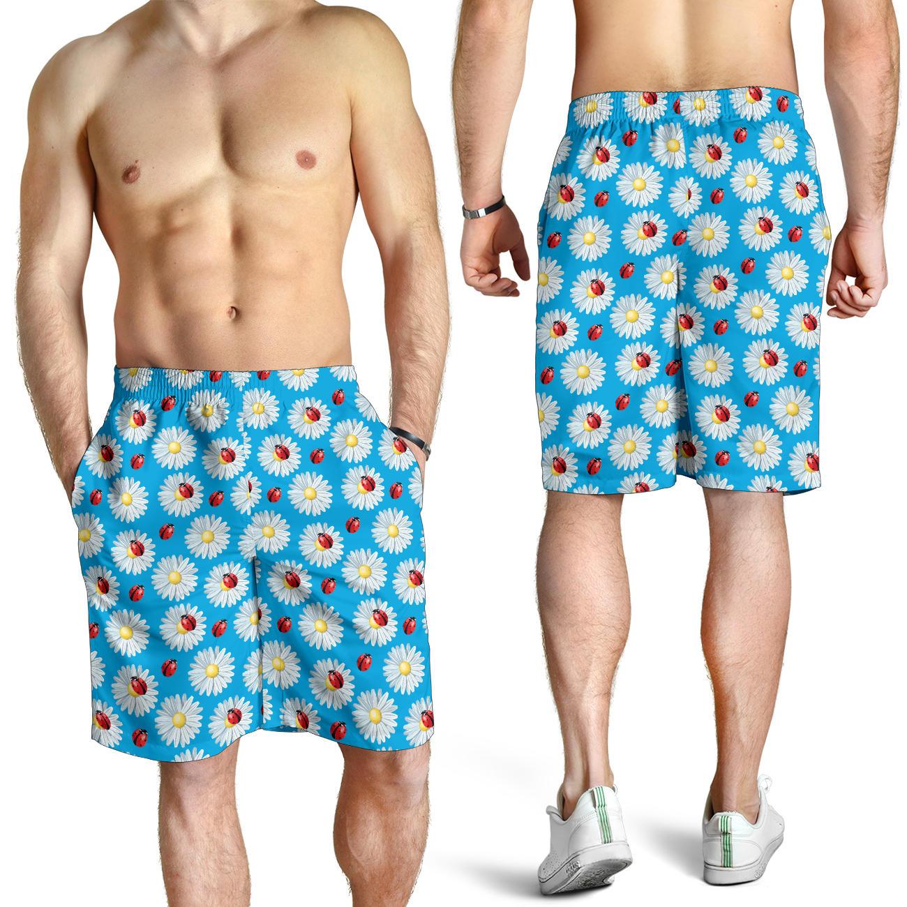 Ladybug with Daisy Themed Print Pattern Mens Shorts-JTAMIGO.COM