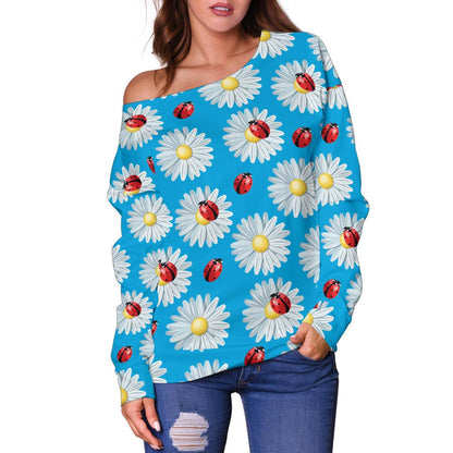 Ladybug with Daisy Themed Print Pattern Off Shoulder Sweatshirt