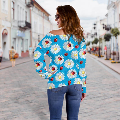 Ladybug with Daisy Themed Print Pattern Off Shoulder Sweatshirt