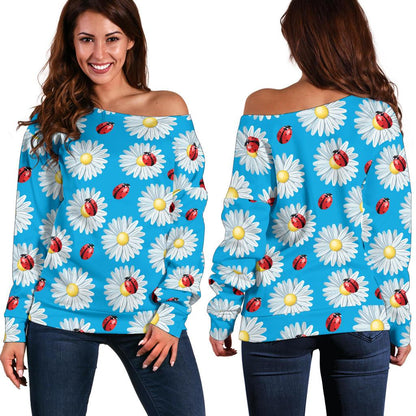 Ladybug with Daisy Themed Print Pattern Off Shoulder Sweatshirt