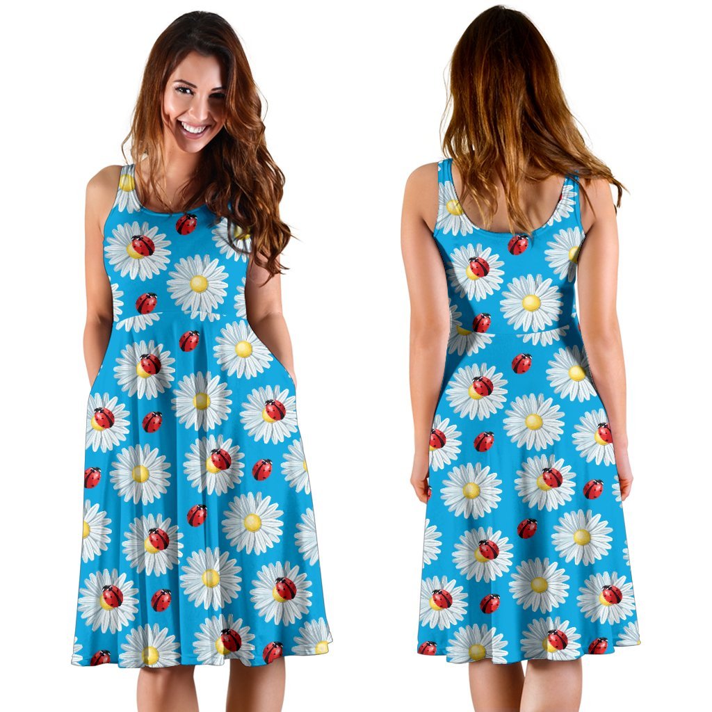 Ladybug with Daisy Themed Print Pattern Sleeveless Dress
