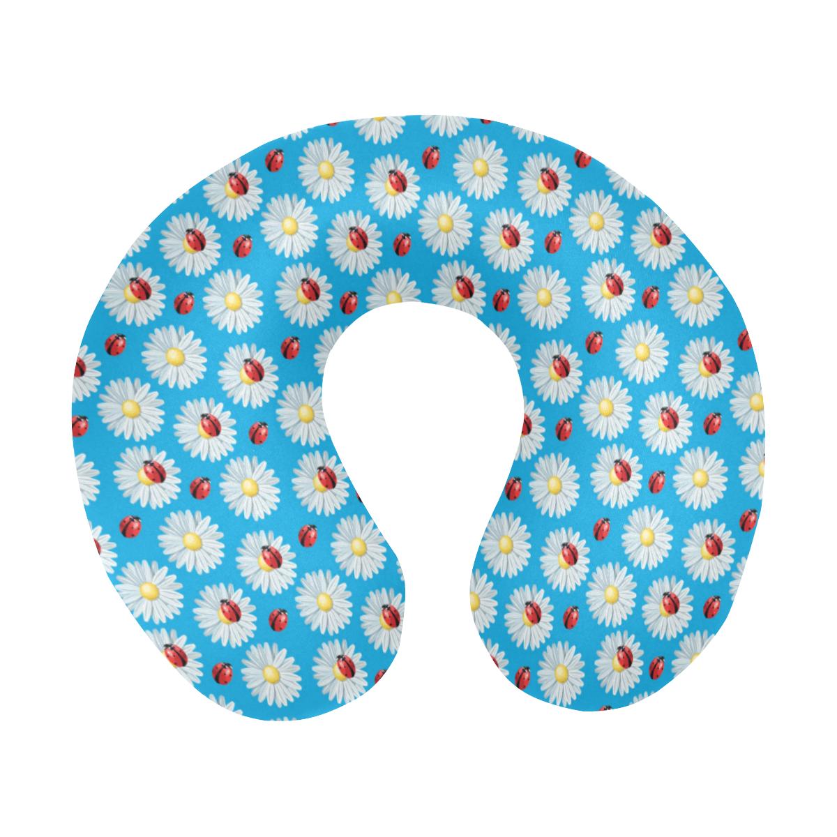 Ladybug with Daisy Themed Print Pattern U-Shaped Travel Neck Pillow-JTAMIGO.COM