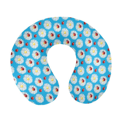 Ladybug with Daisy Themed Print Pattern U-Shaped Travel Neck Pillow-JTAMIGO.COM