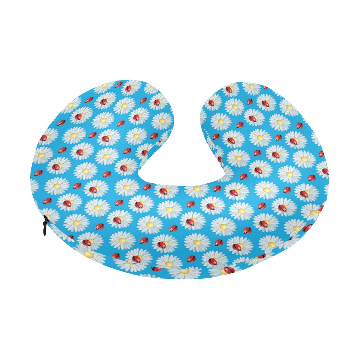 Ladybug with Daisy Themed Print Pattern U-Shaped Travel Neck Pillow-JTAMIGO.COM