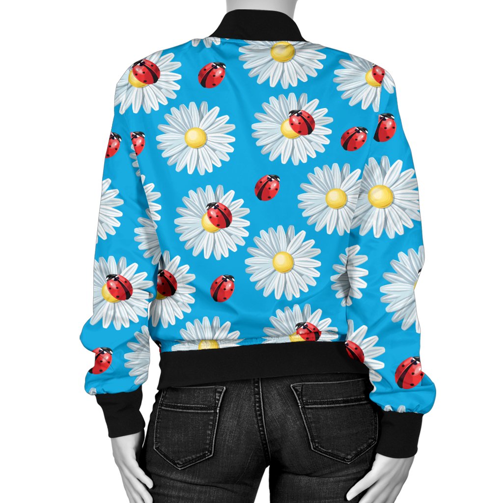 Ladybug With Daisy Themed Print Pattern Women Casual Bomber Jacket