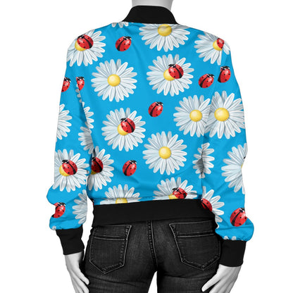 Ladybug With Daisy Themed Print Pattern Women Casual Bomber Jacket