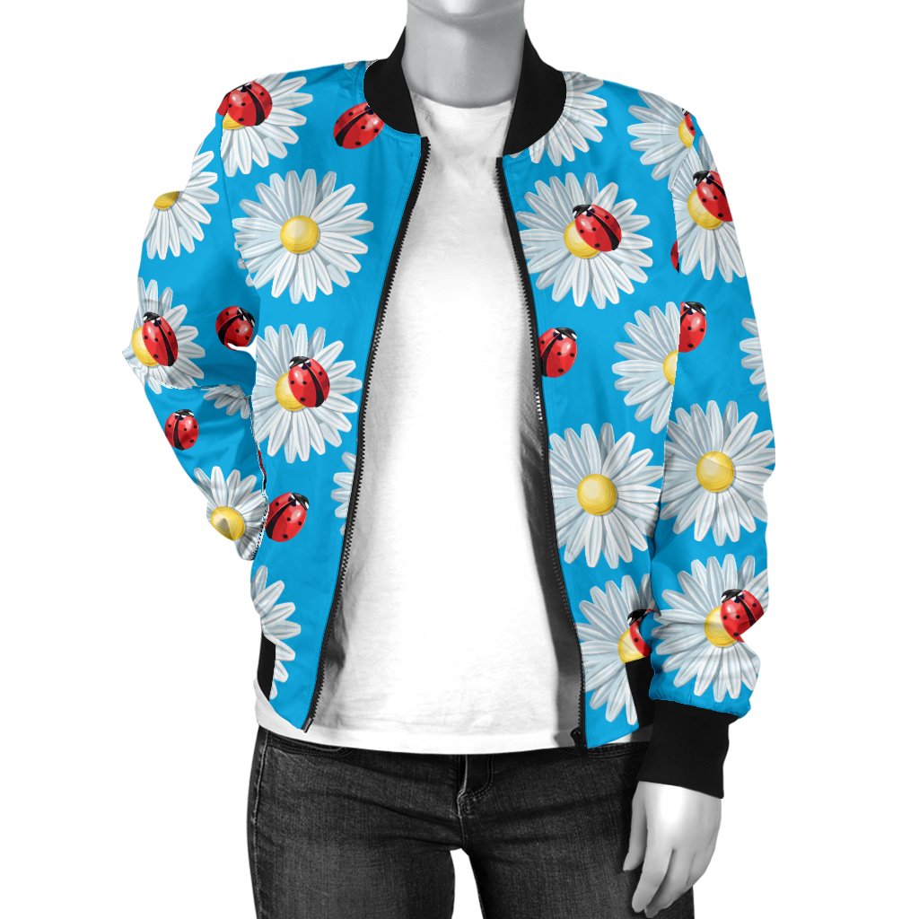 Ladybug With Daisy Themed Print Pattern Women Casual Bomber Jacket