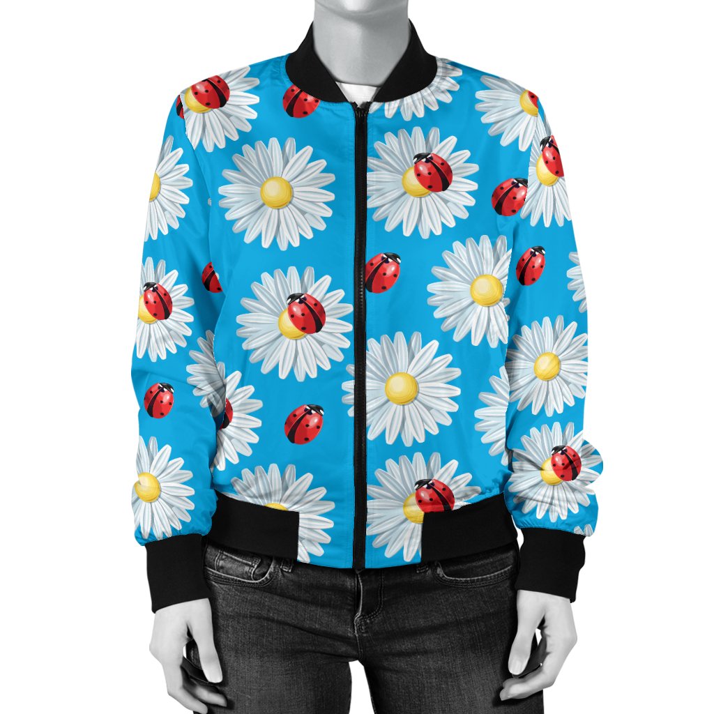 Ladybug With Daisy Themed Print Pattern Women Casual Bomber Jacket
