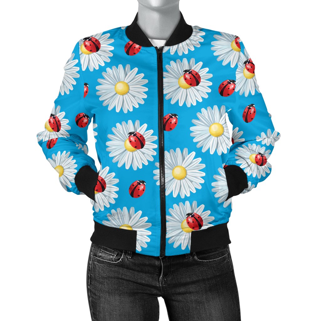 Ladybug With Daisy Themed Print Pattern Women Casual Bomber Jacket