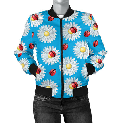 Ladybug With Daisy Themed Print Pattern Women Casual Bomber Jacket