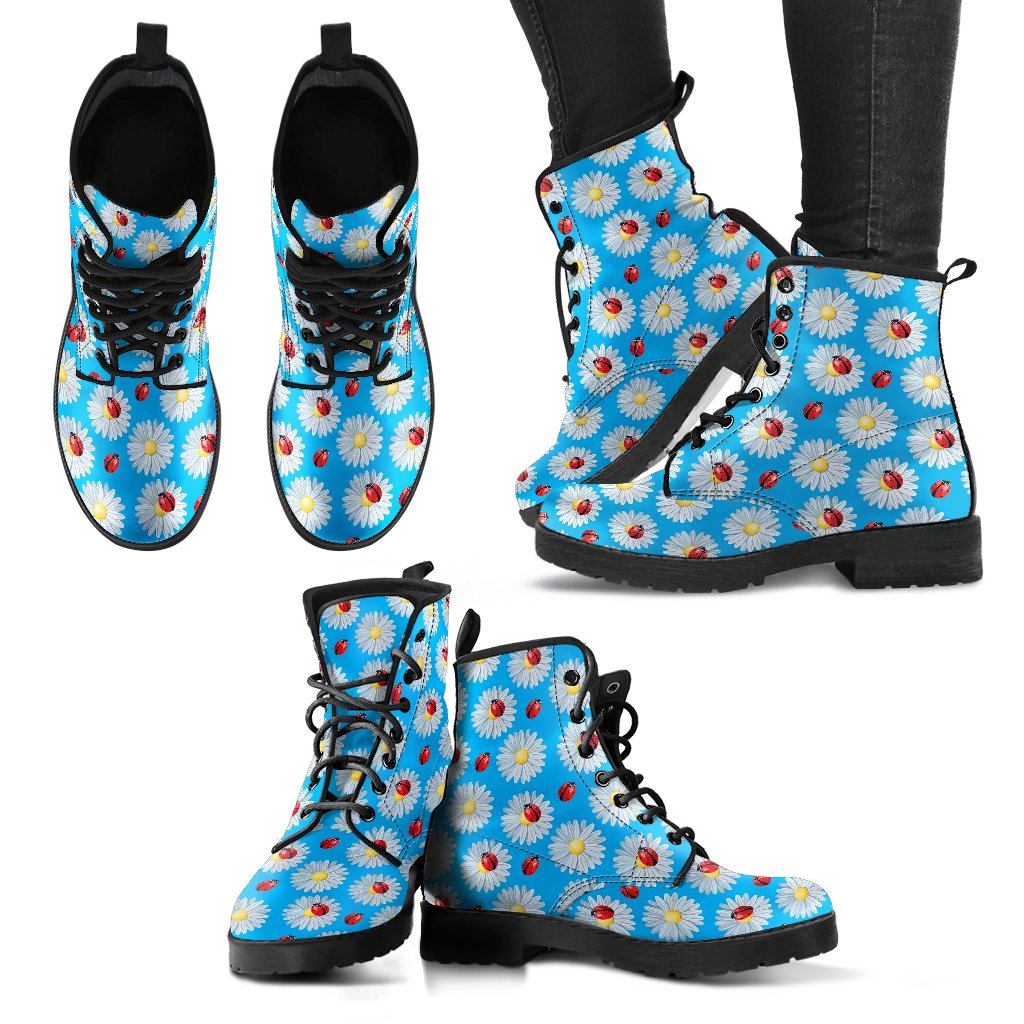 Ladybug with Daisy Themed Print Pattern Women Leather Boots-JTAMIGO.COM