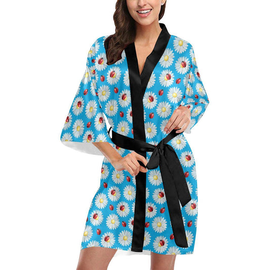 Ladybug with Daisy Themed Print Pattern Women Short Kimono Robe
