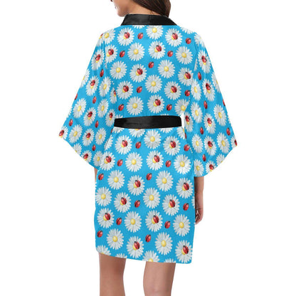 Ladybug with Daisy Themed Print Pattern Women Short Kimono Robe