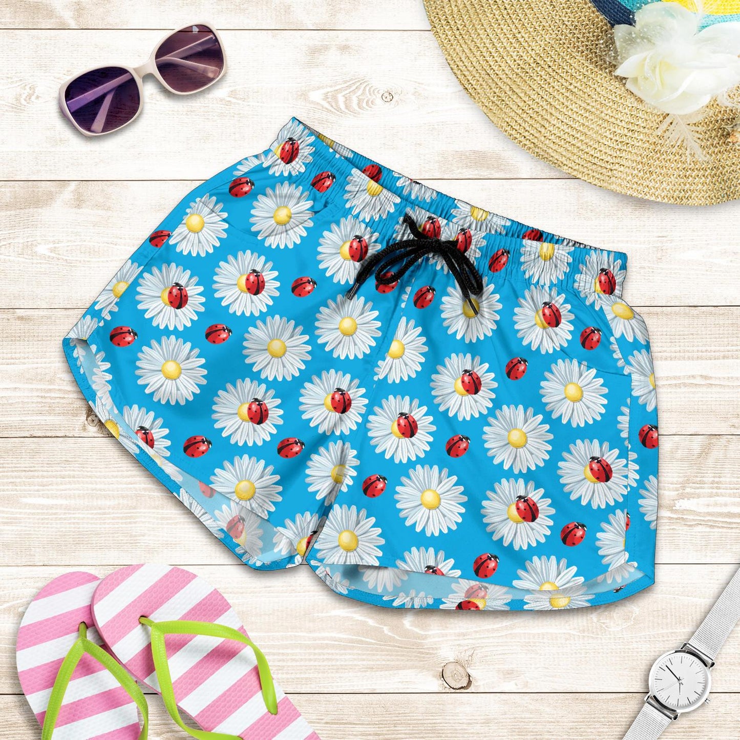 Ladybug with Daisy Themed Print Pattern Women Shorts-JTAMIGO.COM