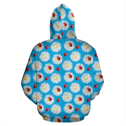 Ladybug with Daisy Themed Print Pattern Zip Up Hoodie