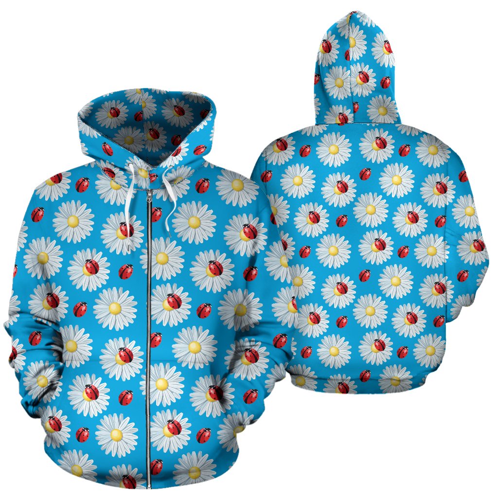 Ladybug with Daisy Themed Print Pattern Zip Up Hoodie