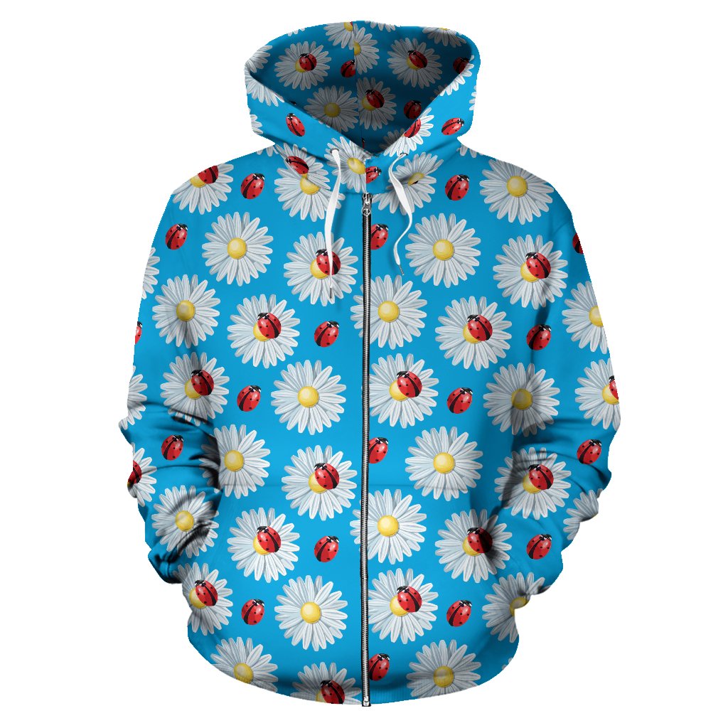 Ladybug with Daisy Themed Print Pattern Zip Up Hoodie