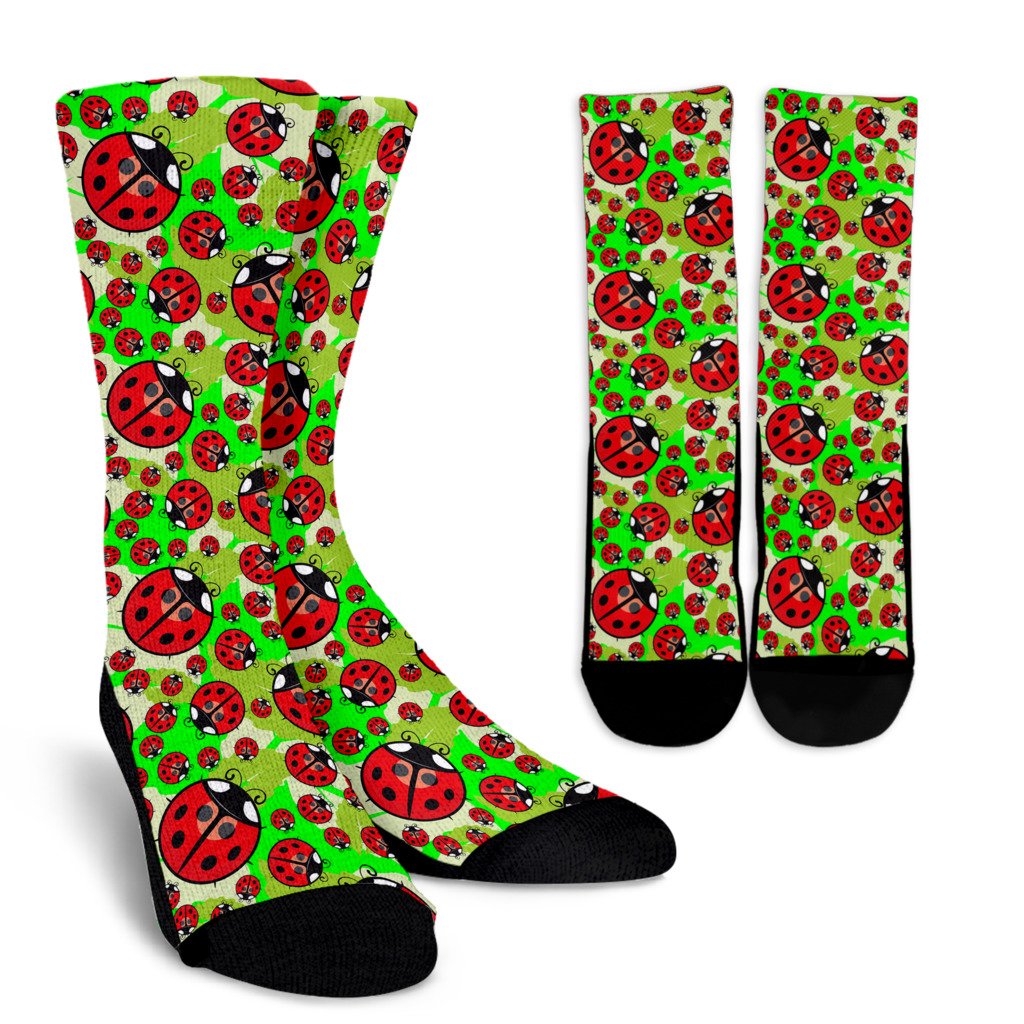 Ladybug with Leaf Print Pattern Crew Socks