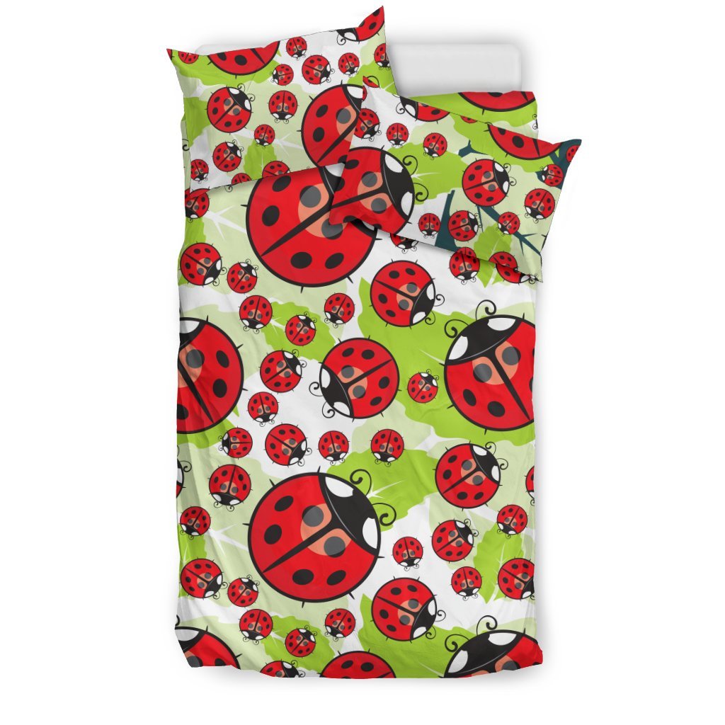 Ladybug With Leaf Print Pattern Duvet Cover Bedding Set