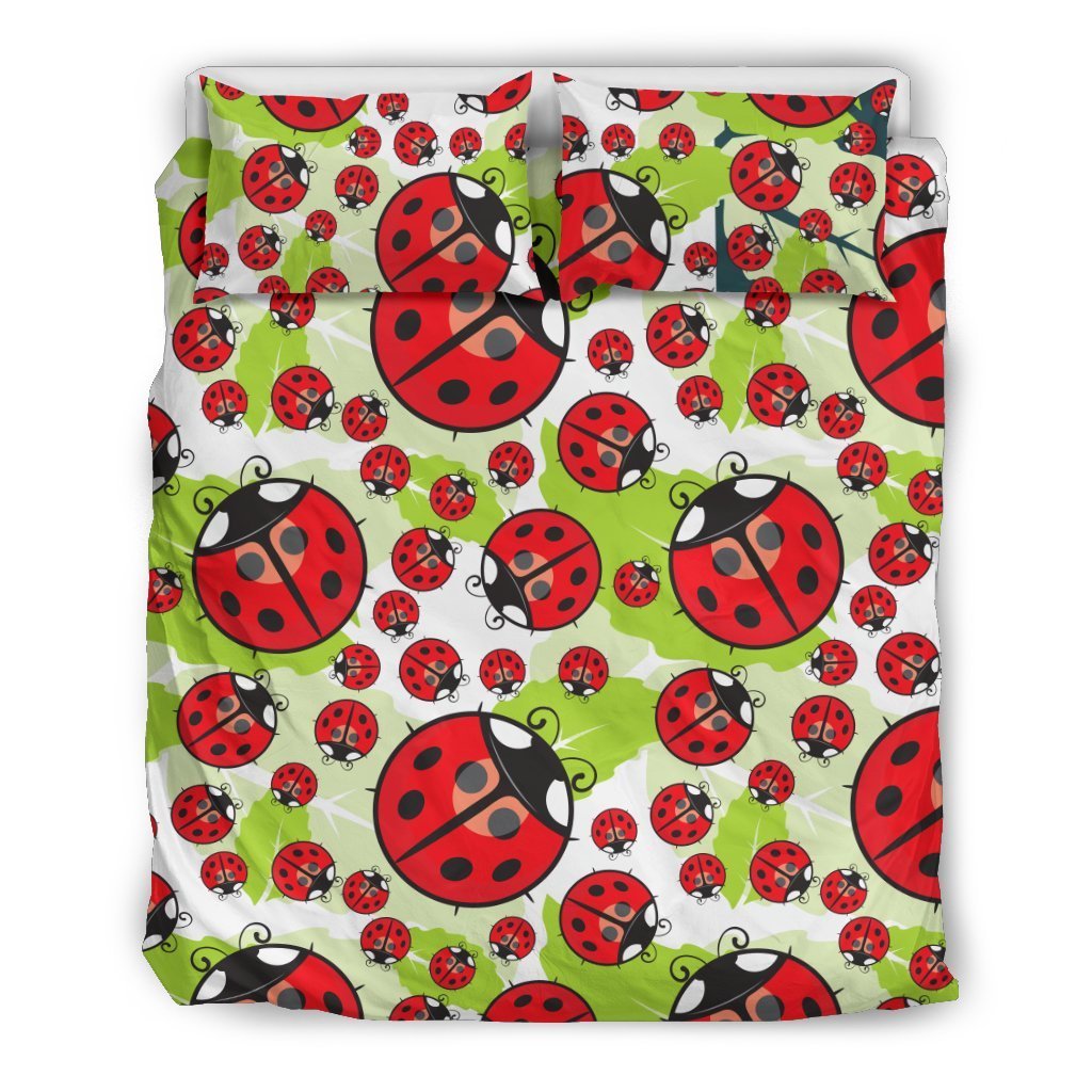 Ladybug With Leaf Print Pattern Duvet Cover Bedding Set