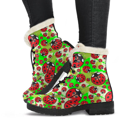 Ladybug with Leaf Print Pattern Faux Fur Leather Boots-JTAMIGO.COM