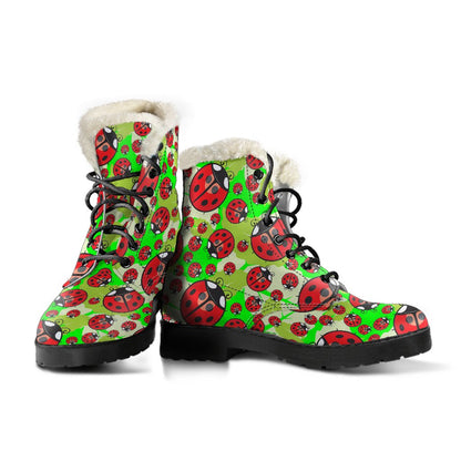 Ladybug with Leaf Print Pattern Faux Fur Leather Boots-JTAMIGO.COM