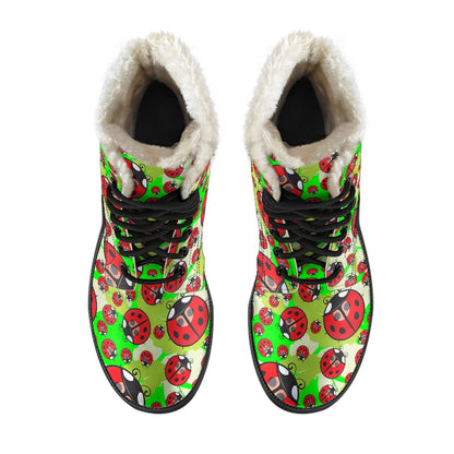 Ladybug with Leaf Print Pattern Faux Fur Leather Boots-JTAMIGO.COM