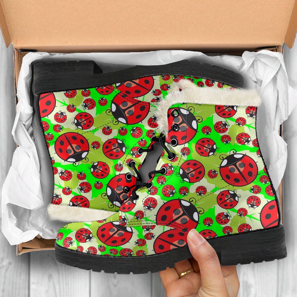 Ladybug with Leaf Print Pattern Faux Fur Leather Boots-JTAMIGO.COM