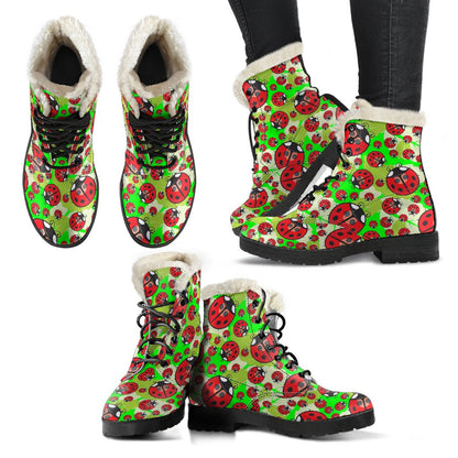 Ladybug with Leaf Print Pattern Faux Fur Leather Boots-JTAMIGO.COM