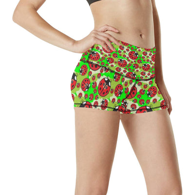 Ladybug with Leaf Print Pattern High Waisted Spandex Shorts-JTAMIGO.COM