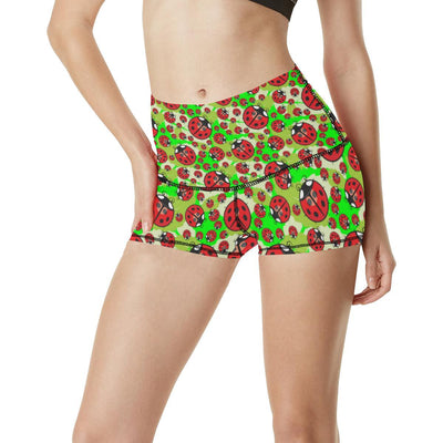 Ladybug with Leaf Print Pattern High Waisted Spandex Shorts-JTAMIGO.COM