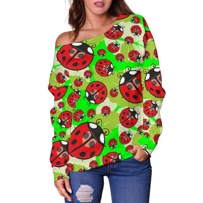 Ladybug with Leaf Print Pattern Off Shoulder Sweatshirt