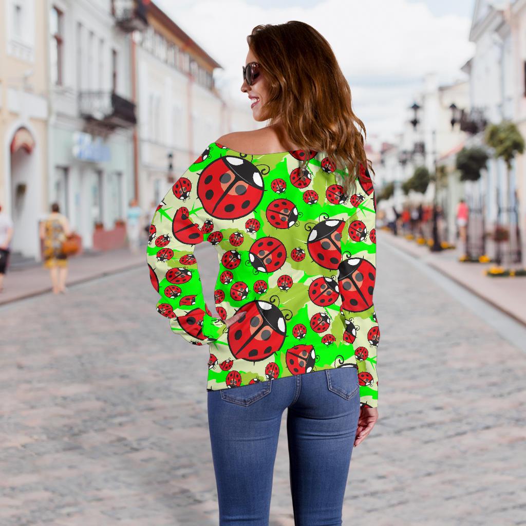 Ladybug with Leaf Print Pattern Off Shoulder Sweatshirt