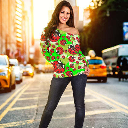 Ladybug with Leaf Print Pattern Off Shoulder Sweatshirt