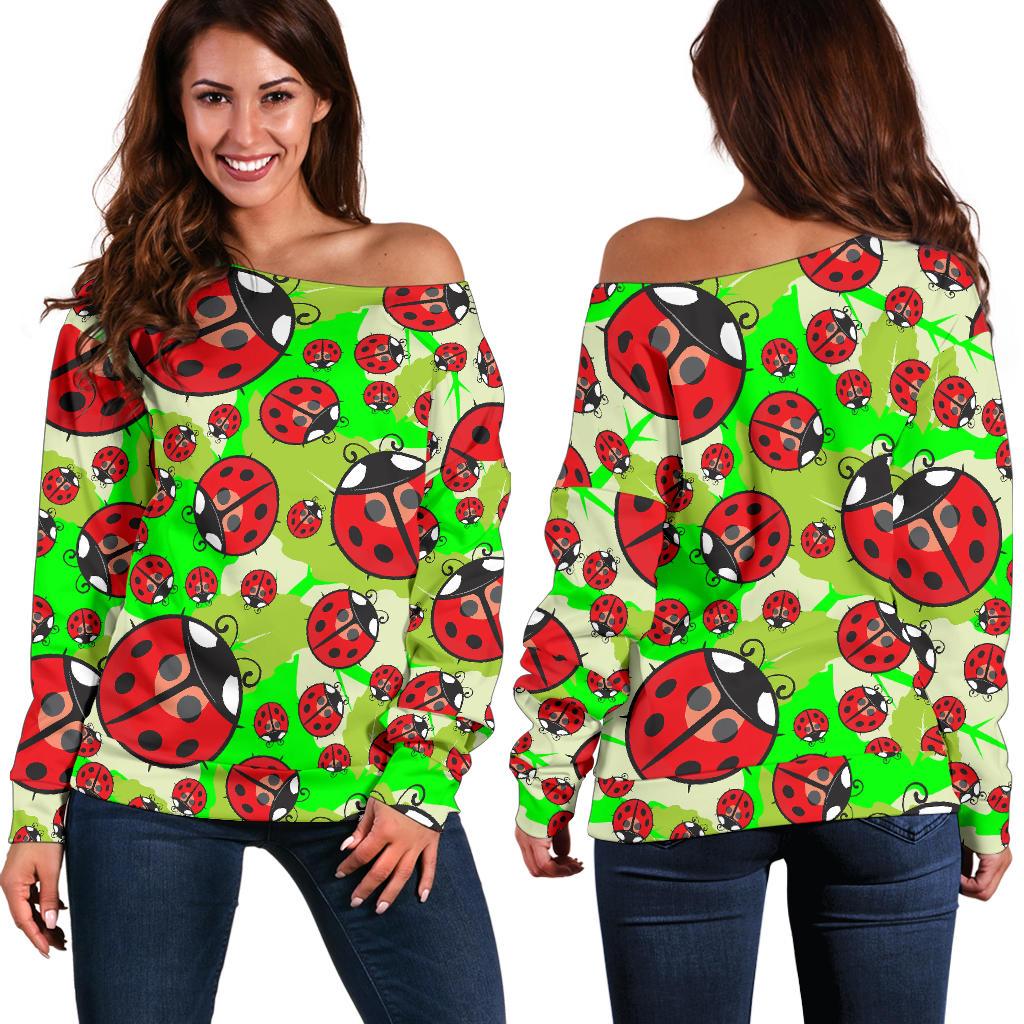 Ladybug with Leaf Print Pattern Off Shoulder Sweatshirt